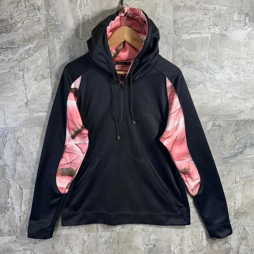 Huntworth Womens Hoodie Large  Long Sleeve Black Pink Camo 1/4 Zip Pullover‎